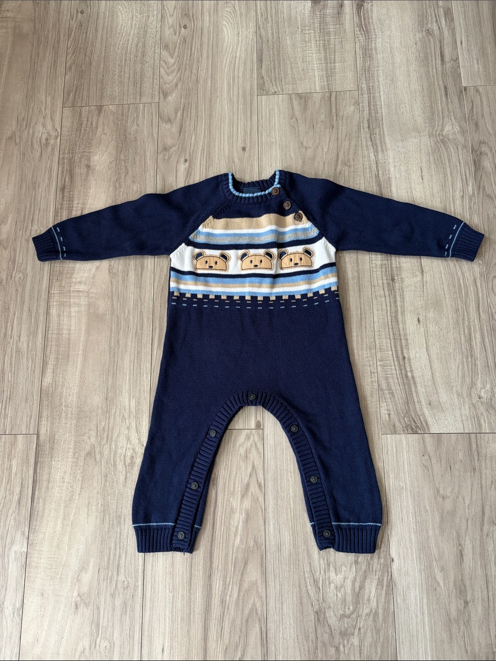 Izod Navy Knit Baby One-Piece with Bear Stripe